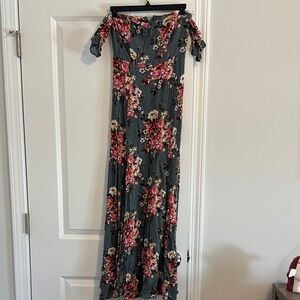 Eucalyptus off the shoulder dress with pink flower pattern